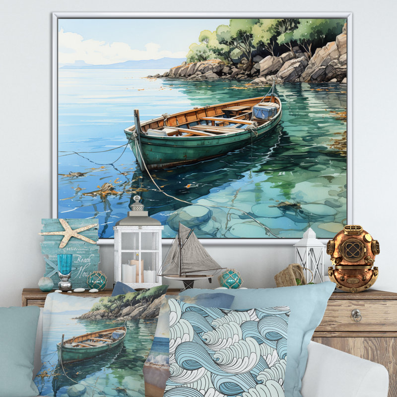 Bateau ancré IV sur toile, H 34 po x l 44 po x P 1,5 po, Cadre flottant blanc