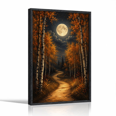 Toile murale d'Halloween représentant un chemin forestier de bouleaux au clair de lune en automne