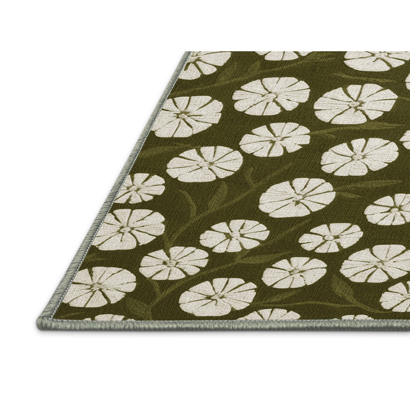 Machine Washable Botanical Green Area Rug, Rectangle 5' x 7'