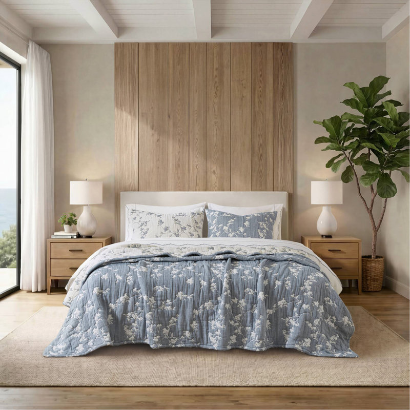 Ensemble de courtepointe 3 pièces en gaze de coton double / grand jacquard, bleu, Bleu