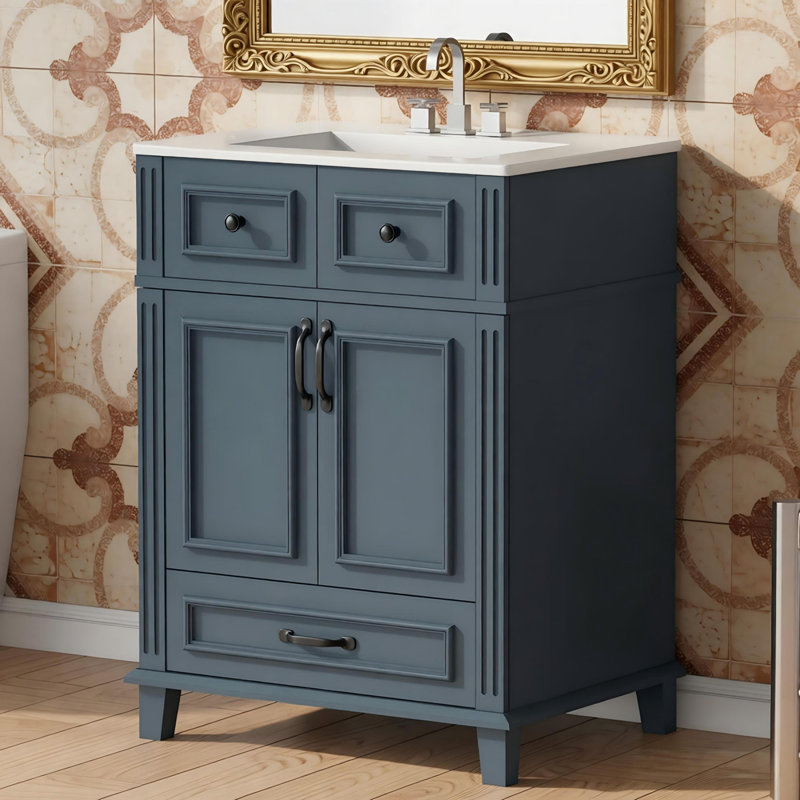 Meuble-lavabo de 24 po avec lavabo en céramique, armoire de rangement en bois massif avec portes à fermeture douce, style rétro