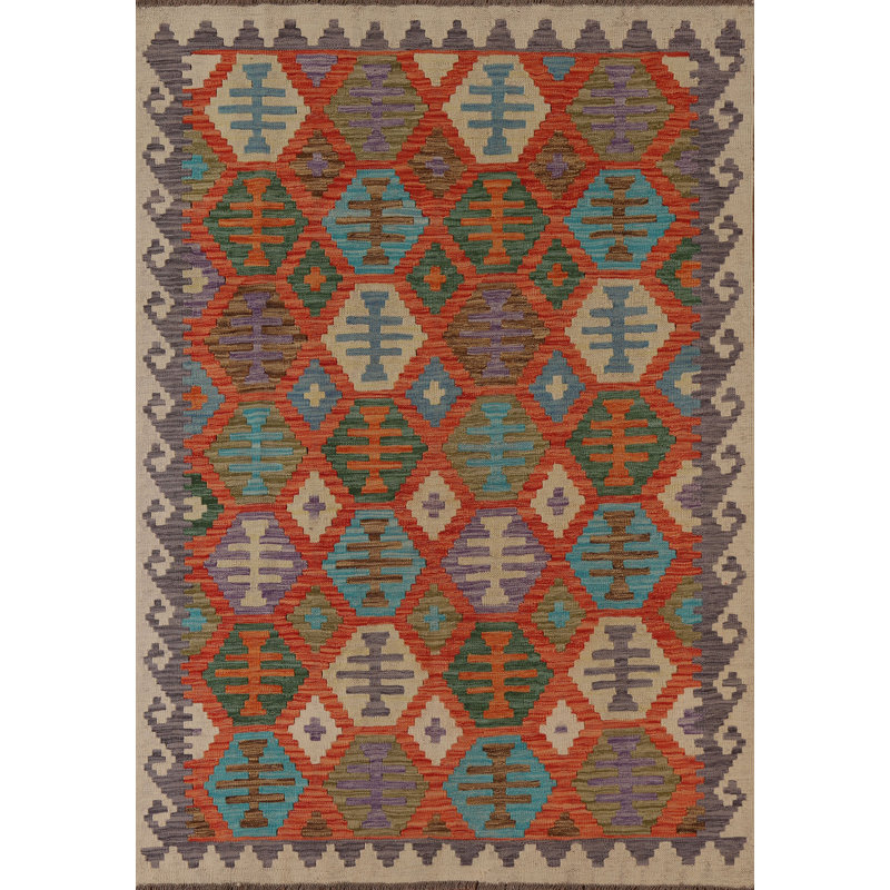 Tapis géométrique en laine Kilim 5 x 6