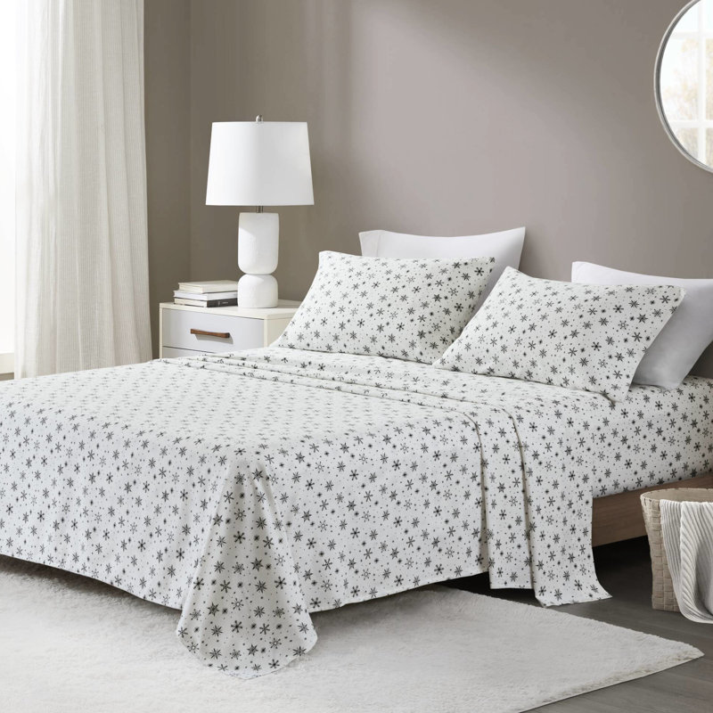 Ensemble de draps 4 pièces avec flocons de neige noirs, flanelle 100% coton, dimensions surdimensionnées allant jusqu'à 18 po de hauteur, douceur supérieure, drap-housse élastique, pré-rétréci