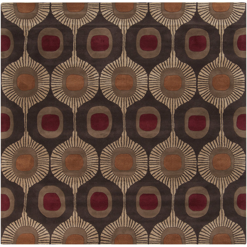 Tapis en laine brun foncé en laine à motif géométrique touffeté à la main Anly, Carré 9 pi 9 po