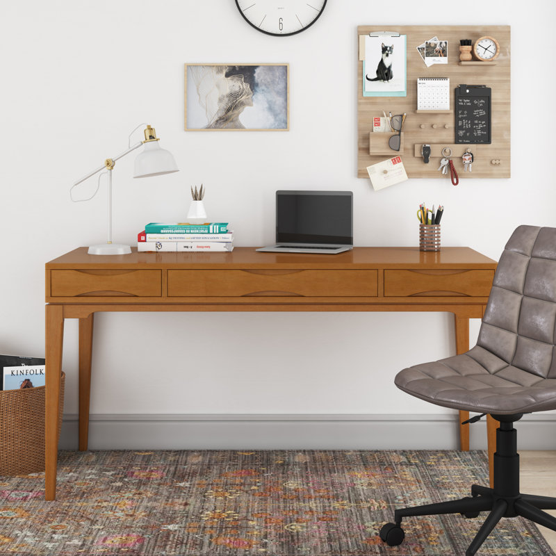 Bureau d'écriture Mid-Century moderne en bois massif 60 po avec 2 tiroirs et plateau à clavier rabattable Harper