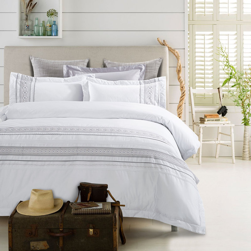 White Embroidered Cotton Twin/Twin XL Duvet Cover Set