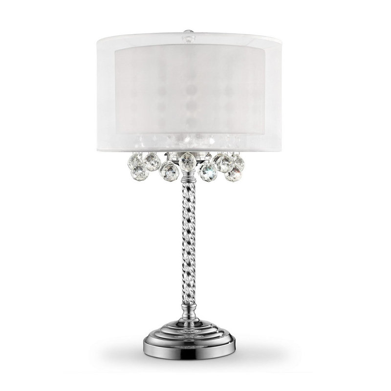 Grande lampe de table 30 "moiselle", accents argent et cristal, abat-jour argenté