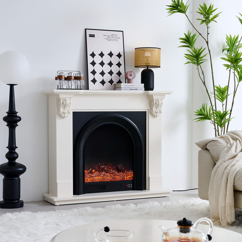 Beige Solid Wood Electric Fireplace