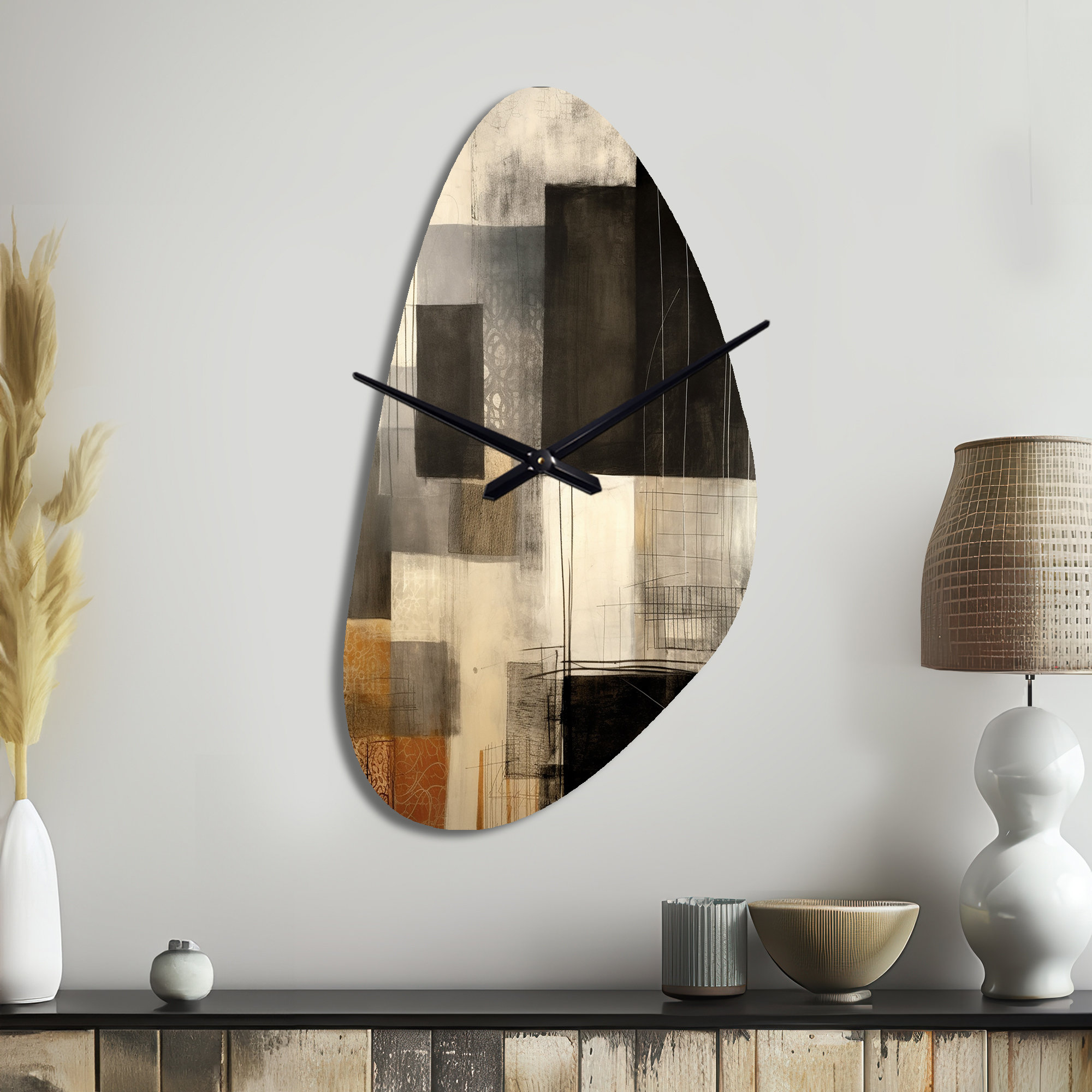 Design Art Black Mid Century Fusion II Fall Shape Beige Wall Clock