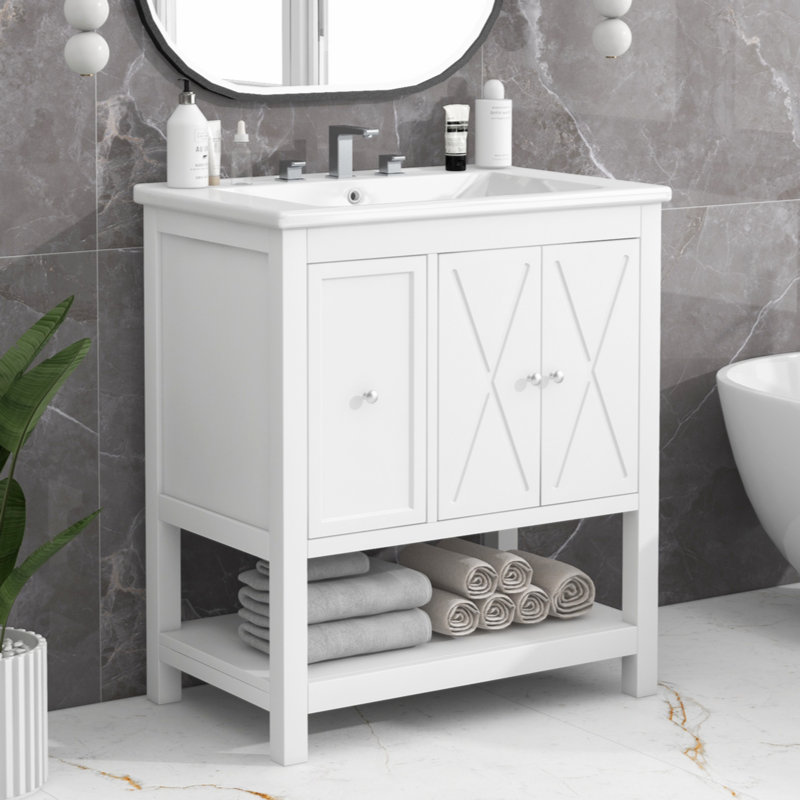 White Ceramic Top Single Sink Freestanding Bathroom Vanity