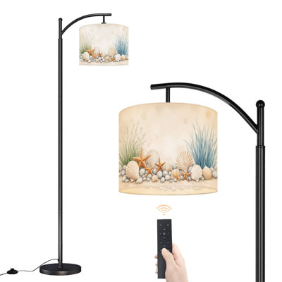 Arc Floor Lamp with Adjustable Lampshade Beach Seashells Starfish Soft Pastel Coastal Plants Summer Standing Lamp 3 Color Temperatures Dimmable Tall Pole Lamp with Foot Switch for Bedroom