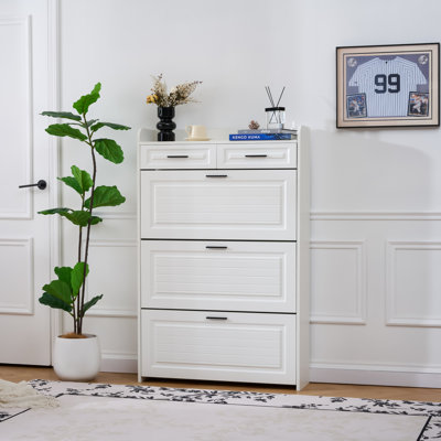 Deux tiroirs, trois portes pliantes, grande armoire à chaussures de rangement, blanc