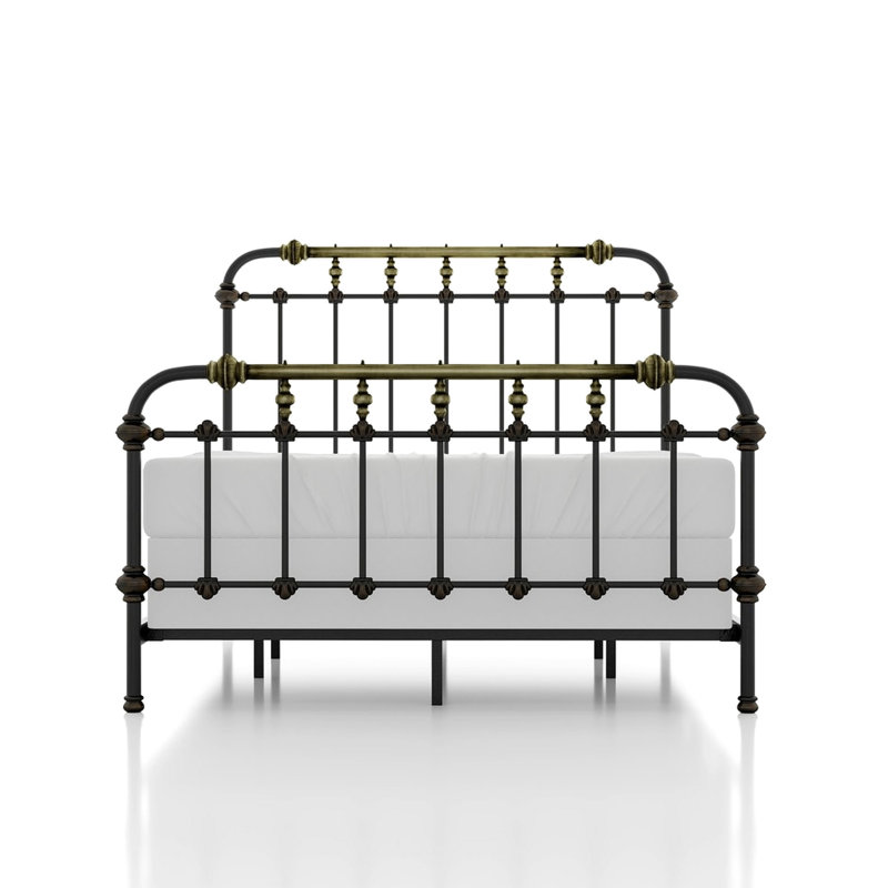Très grand lit de style transitionnel, métal noir antique avec accents dorés brossés à la main, 7 broches sur H / B et F / B, nécessite un lit de fondation, une tête de lit, une construction complète