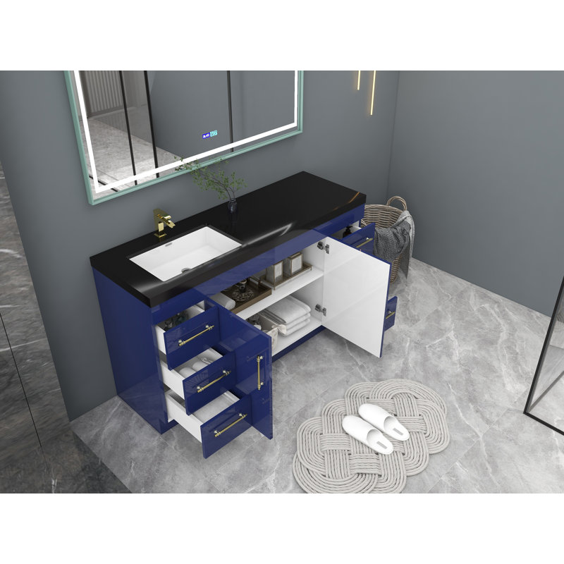 Ensemble de meuble-lavabo simple 60 po Campea, Or mat, Bleu nuit brillant