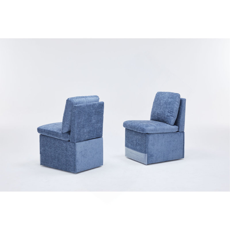 Chaise de salle à manger rembourrée en lin avec roulettes et espace de rangement - ensemble de 2, Bleu