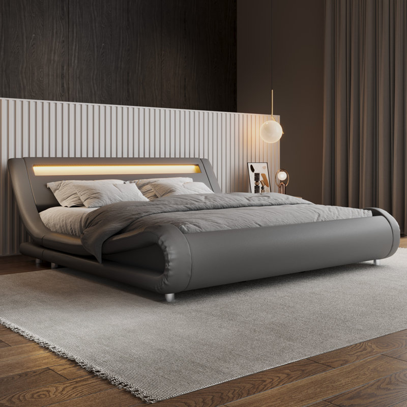 Charlesten Vegan Leather Platform LED Lights Bed with Wooden Slats and Adjustable Headboard, RGB Lighting & Music Sync, No Box Spring Needed