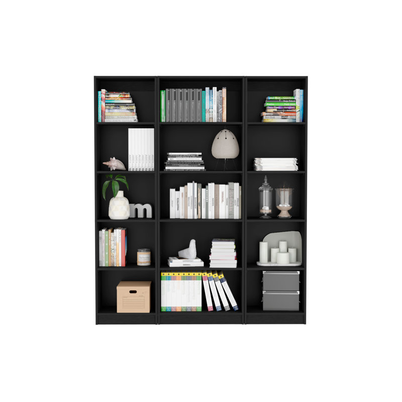 Ensemble de bibliothèque 3 pièces Bartow, 60 po de large avec 15 tablettes, ensemble de salon noir