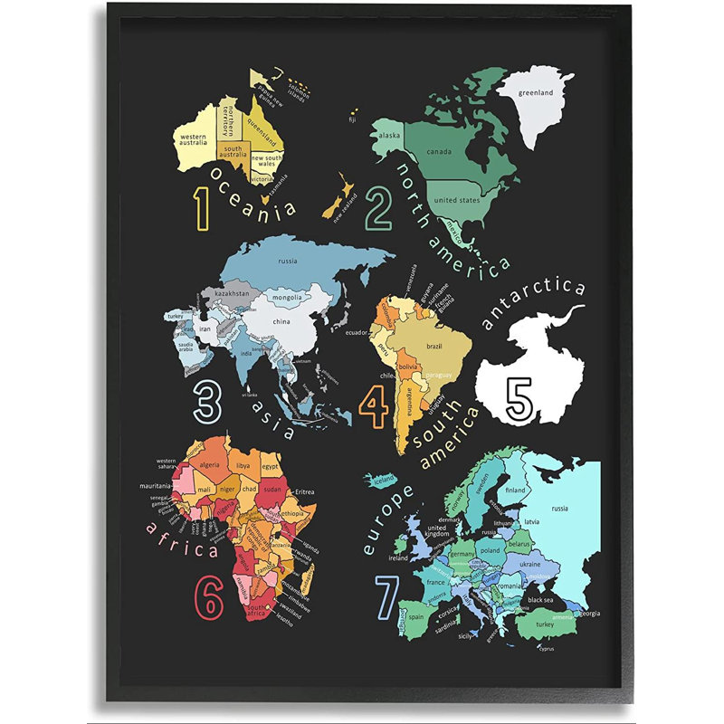 "Sept Continents", carte informative, cadre détaillé, impression sur bois aggloméré, Giclée encadrée noir minuit