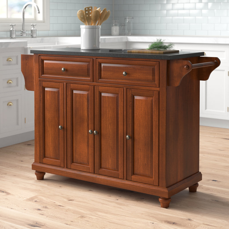 Van Granite Top Kitchen Island, Classic Cherry, Black