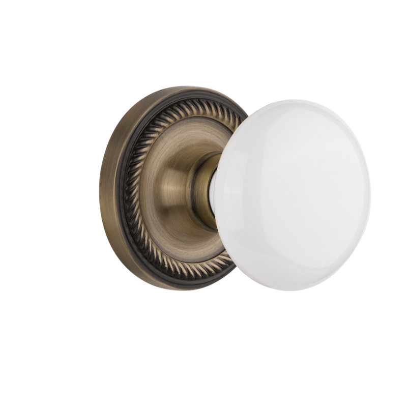 Rope Rosette with White Porcelain Door Knob, Antique Brass