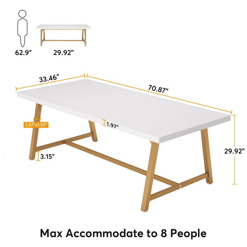 Baeumel 70.87'' Rectangle Dining Table for 6-8, Wood Kitchen Table with Strong Metal Frame, White/Gold