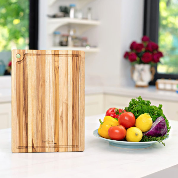 BEEFURNI Teak Wood Cutting Board with Hand Grip, Wooden Cutting Boards for  Kitchen Medium, Chopping Board Wood, Reversible, Kitchen Gifts, 1-Year
