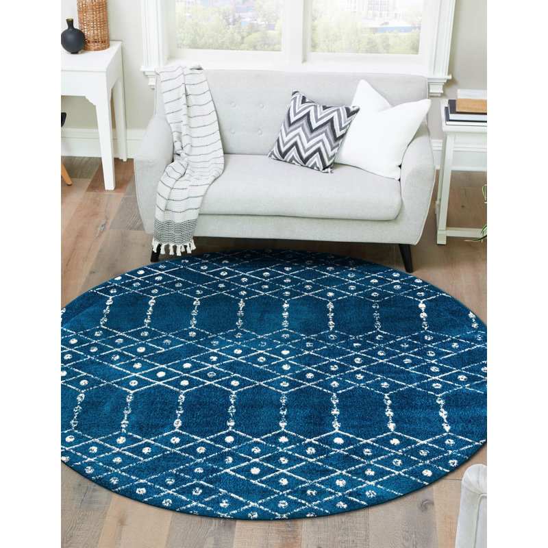 Tapis bleu marine / blanc Lenwood, Rond 5 pi 3 po