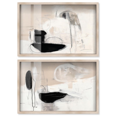 Ensemble de 2 art mural neutre neutre et abstrait par Art Remedy, cadre blond, 25 x 17