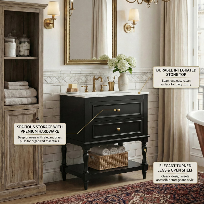 24-Inch Modern Retro Zoey With Sink, Compact Luxury Cabinet With Tip-Out Drawer, Deep Drawer And Lower Shelf, Black / Gold