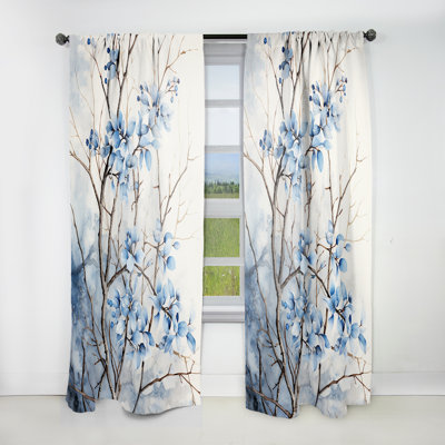Blue And Grey Leave On Branch - Leaves Curtain - Velvet Room Darkening - 1 panel