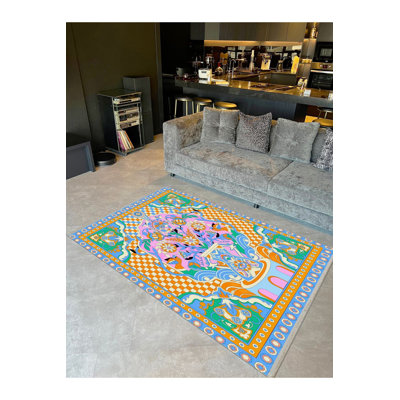 Multicolor Flower and Checkered Detail Woven Base Modern Decorative Machine Washable Rug