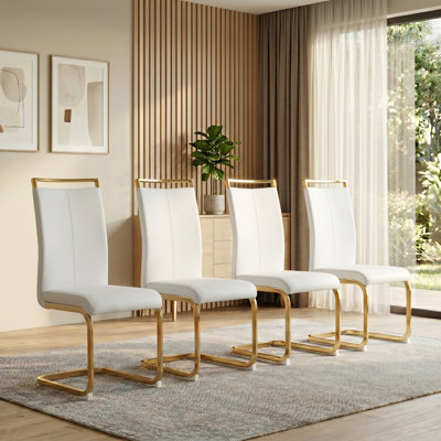Ensemble de 4 chaises de salle à manger modernes en similicuir rembourrées avec base et poignées dorées