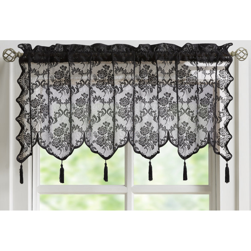Luxury Lace Valance 54 W X 22 L Size With 6 Tassels For Vintage Kitchen, Dining Room Or Bathroom Décor, Black
