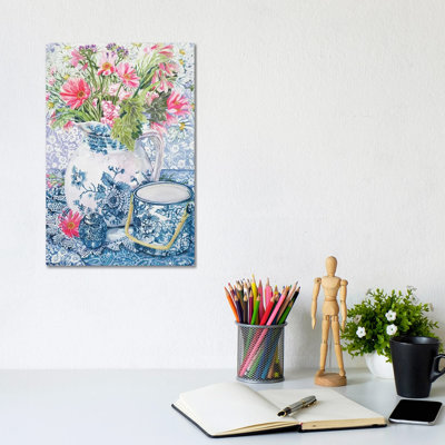 Gerberas in a Coalport Jug with Blue Pots 1 Piece Wrapped Canvas Wall Art