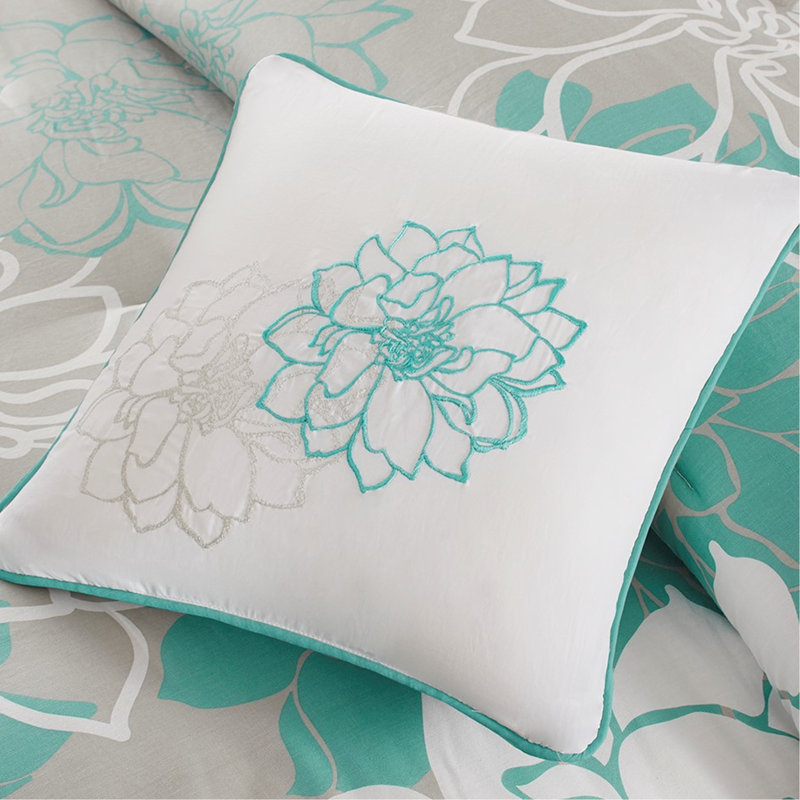 Literie en coton imprimé pour lit simple / simple TG - édredon avec motif floral exquis, jupe de lit, 2 taies décoratives, 3 coussins décoratifs