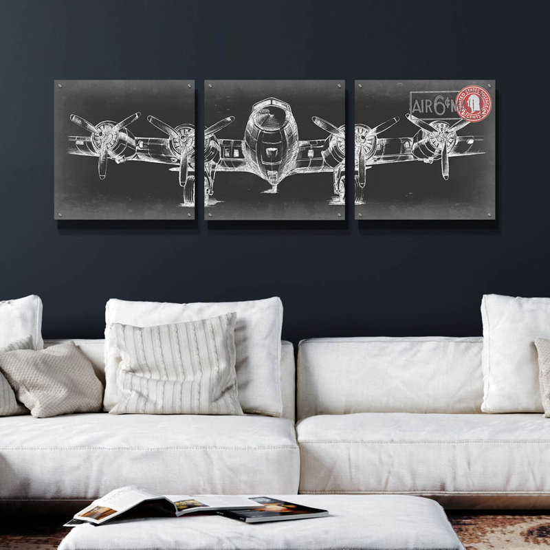 «Aeronautic Collection F» par Ethan Harper, ensemble d'art mural en verre acrylique, 3 pièces, H 24 po x l 72 po