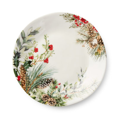 Woodland Set of 4 Salad Plates — Graceful 9-inch white stoneware plates wrapped in a lush winter woodland border, perfect for every course of the holiday feast.