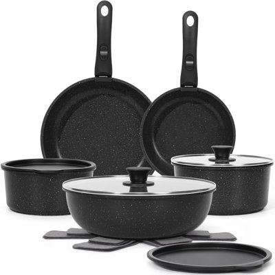 15pcs Pots And Pans Set Non Stick, Cookware Sets With Detachable Handle, Nonstick Rv Kitchen Cooking Tools Removable Handles, Oven Safe, Induction Fast, Stackable Induction Cookware,black