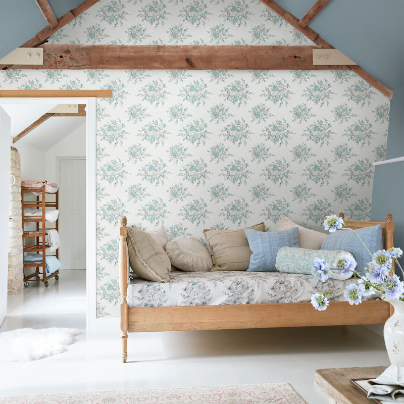 Rachel Ashwell Rose Blossom Teal Wallpaper, Blue