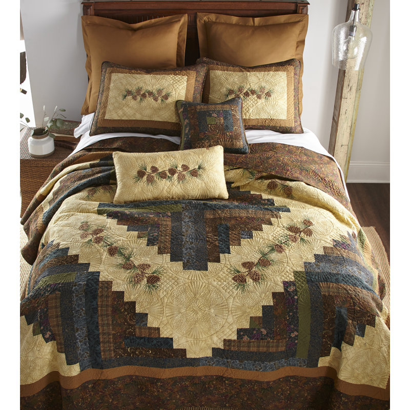 Donna Sharp Cabin Raising Pine Cone Embroidered Pieced Cotton King Lodge Quilt, King Quilt