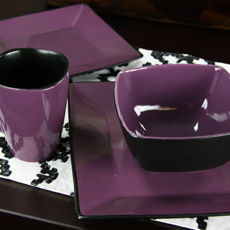Mulberry Loft Purple and Black Ceramic Dinnerware Set for 4