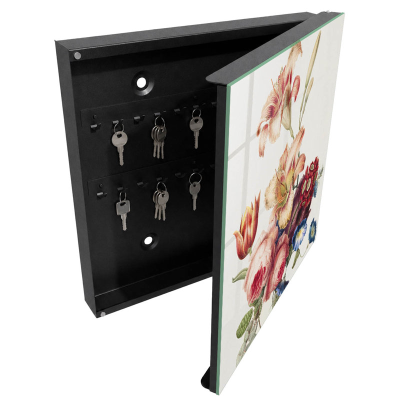 Key box, Opens to the right, 30x30x5, White, Flowers in pastel colors, 