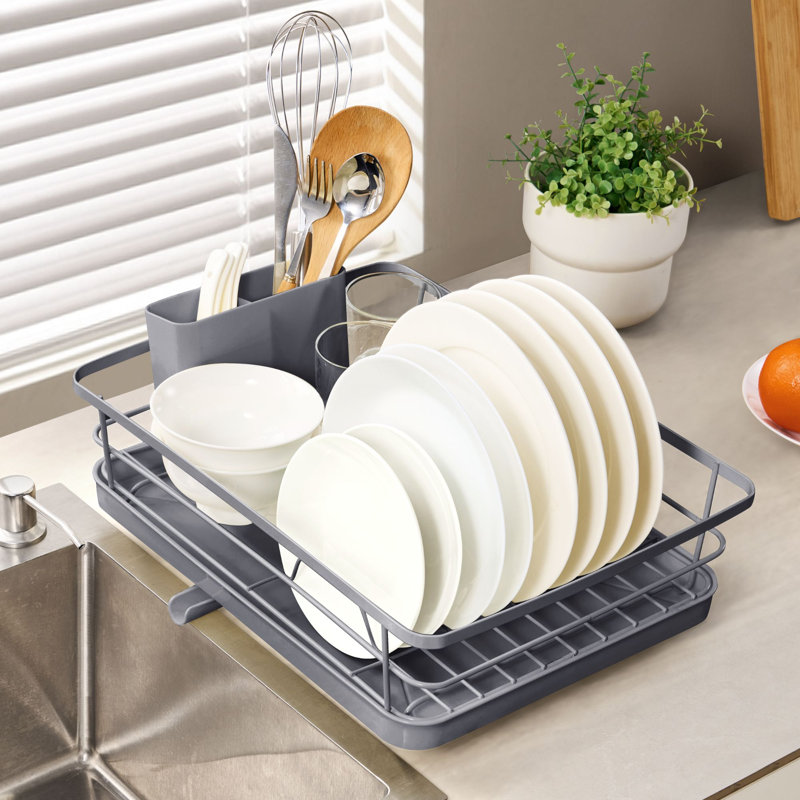 Égouttoir à vaisselle 3 pièces multifonctionnel avec égouttoir et porte-ustensiles, gris, Grey