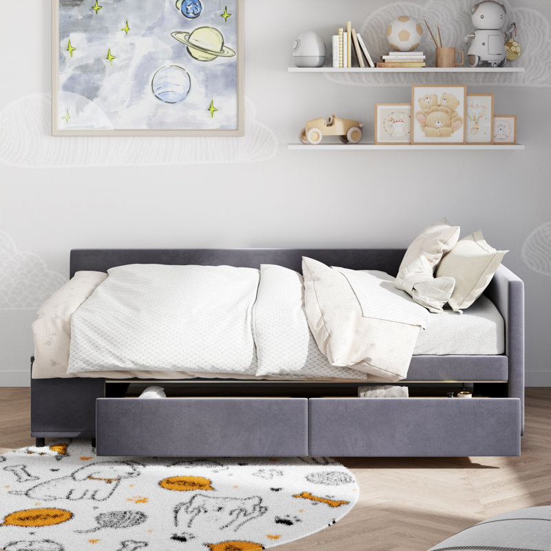 Lit plateforme tapissier en L avec tiroirs, Gris