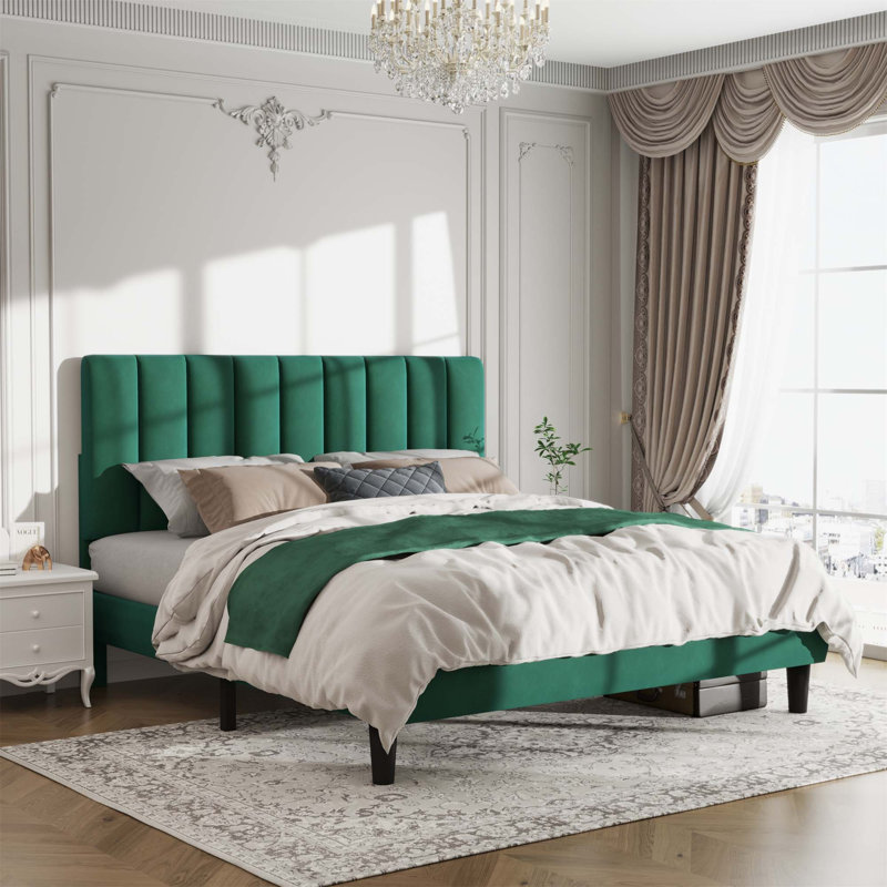 Base de lit pleine grandeur en velours vert émeraude - Tête de lit réglable (pour matelas de 10 à 12 po), capacité de 800 lb, sans bruit, assemblage facile