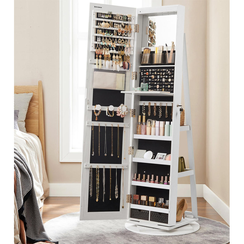 21.5'' Wide Freestanding Jewelry Armoire with Mirror,LED, White/Black