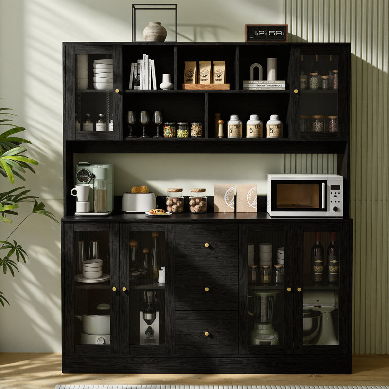 Grande huche de cuisine, garde-manger avec 4 portes en verre, 4 tiroirs et tablette à micro-ondes, Noir