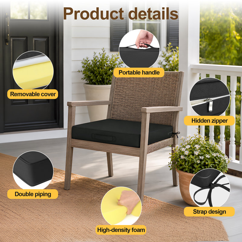 2-Piece Outdoor Cushion Set, Waterproof Fade Proof Patio Seat Pad with Carry Strap, Non-Slip Base & Zipper Removable Cover,Black