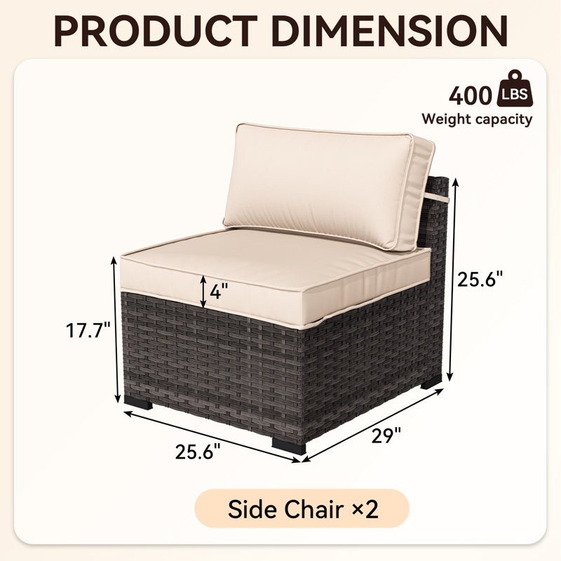 2-Person Outdoor Wicker Armless Corner Chair with Beige Cushions, Beige