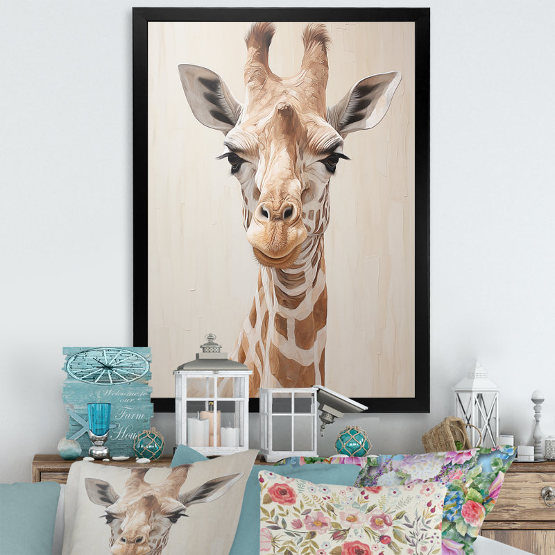 Impression sur toile «Minimalisme», girafe beige sur fond blanc, Cadre simple noir, H 32 po x l 16 po x P 1 po